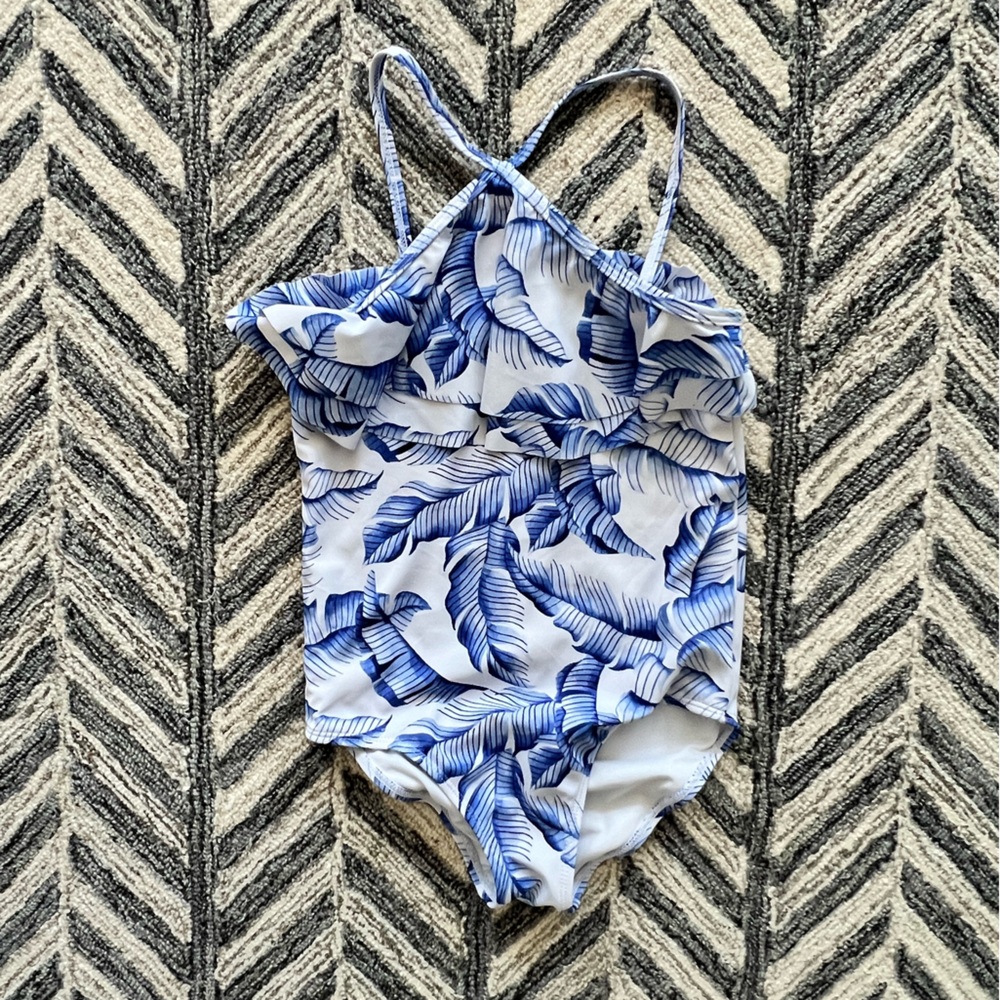 Size 7 Janie and Jack Swimsuit - Worn 2x - Blue and White Floral Halter Top